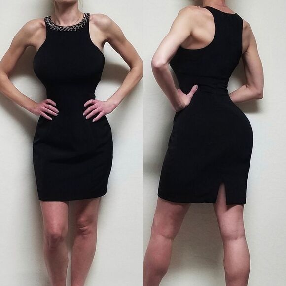 VINTAGE Express Black Beaded Crystal Racerback Sheath Cocktail Dress Statement - Picture 1 of 15